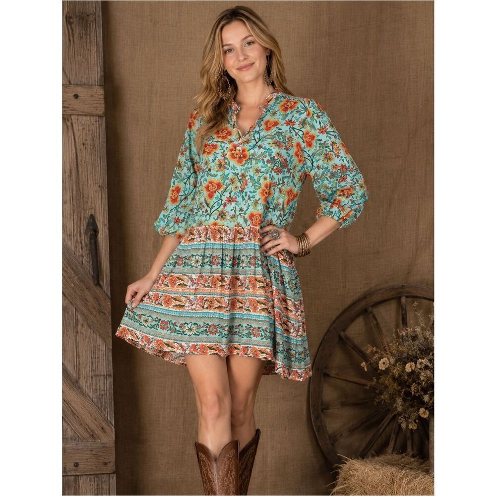 Vintage Collection Rayon Teal Orange Floral Shift Dress Sz S Boho Western Spring